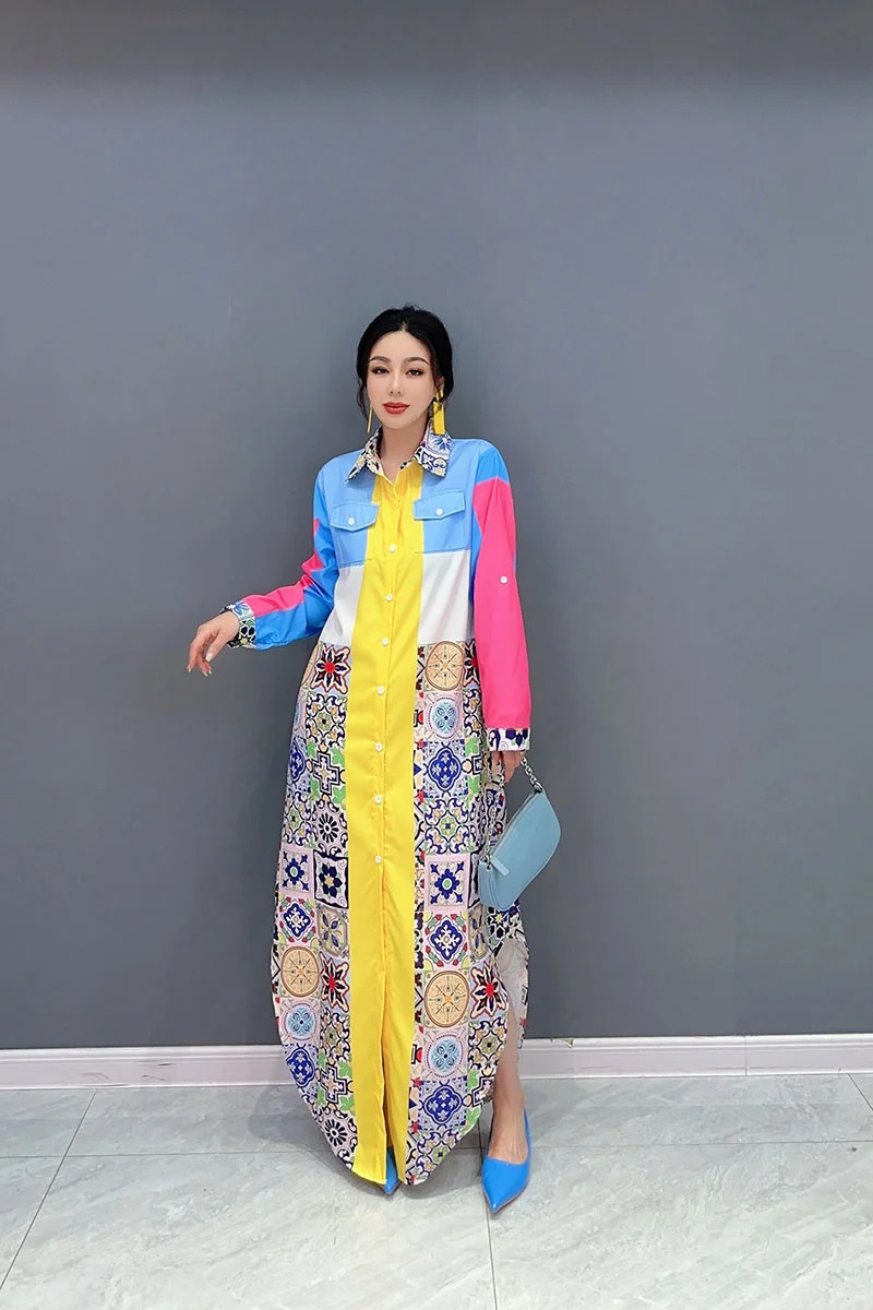 Casual Patchwork Print Robe Chic Block Loose Shirt Dress - Image 3