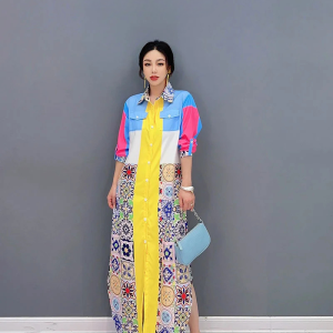 Casual Patchwork Print Robe Chic Block Loose Shirt Dress