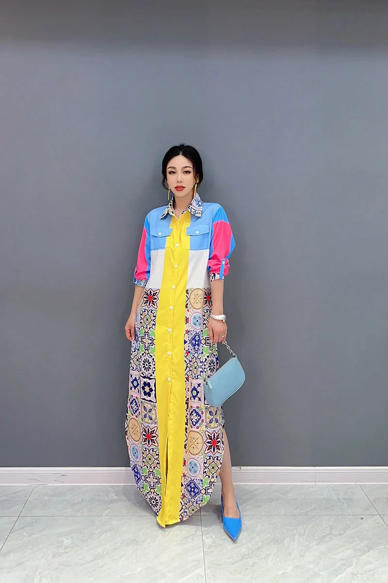 Casual Patchwork Print Robe Chic Block Loose Shirt Dress