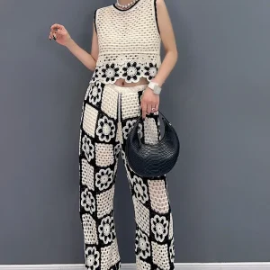 Casual HOLE Print Two Piece Set Loose Short Vest Pants