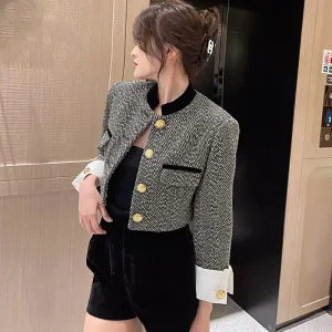 Casual Metal Button Plaid Design Sense Stand-Up Collar Crop Top