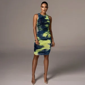 Casual O-neck Tie Dye Style Patchwork Skinny Medium Stretch Mini Dress