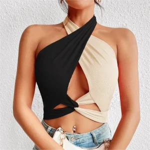 Casual Patchwork Cross Halter Neck Straps Hollow Crop Tops