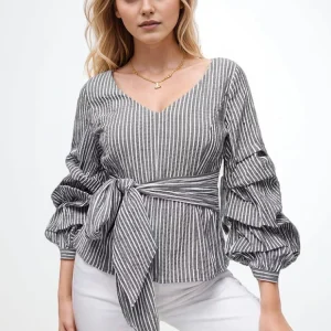 Casual Plaid Spliced Bowknot V-Neck Puff Sleeve Patchwork Folds Pullover Blouses