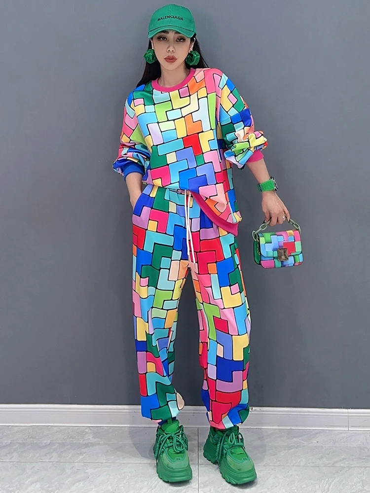 Casual Printed 2 Piece Set O-neck T-shirt Loose Drawstring Waist Pants - Image 4