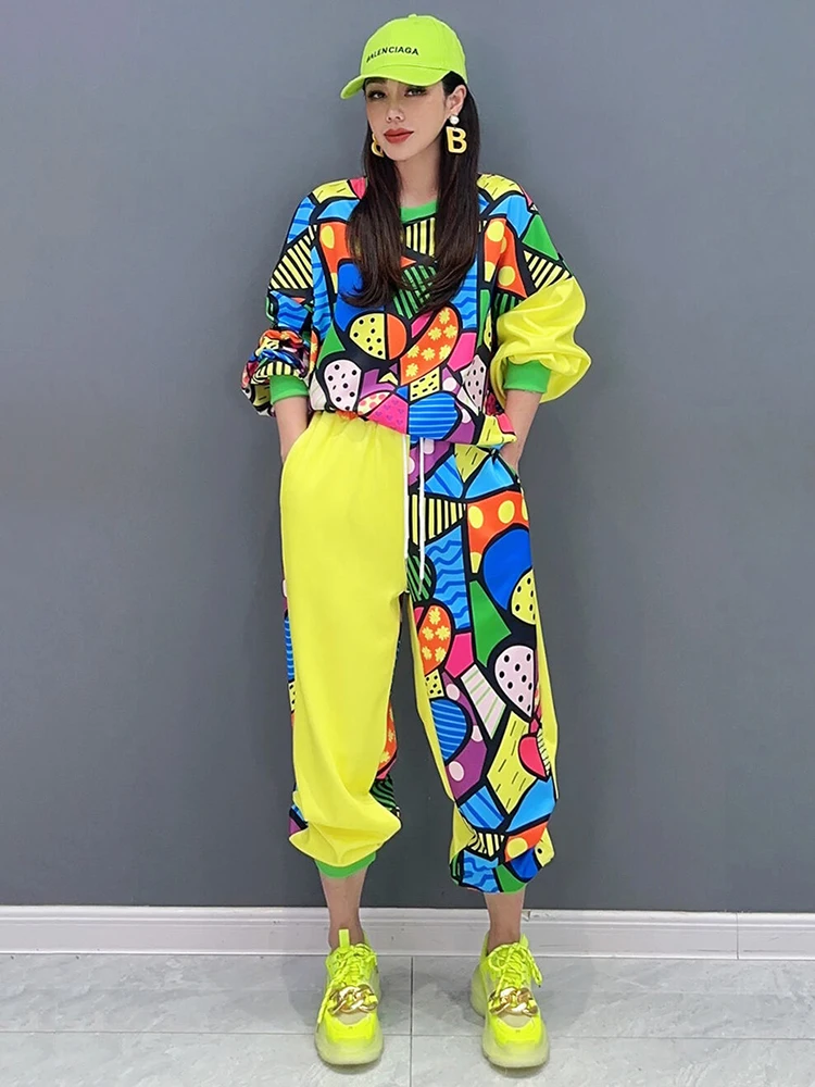 Casual Printed Patchwork O-neck Tops Loose Drawstring Pants 2 Piece Set - Image 3