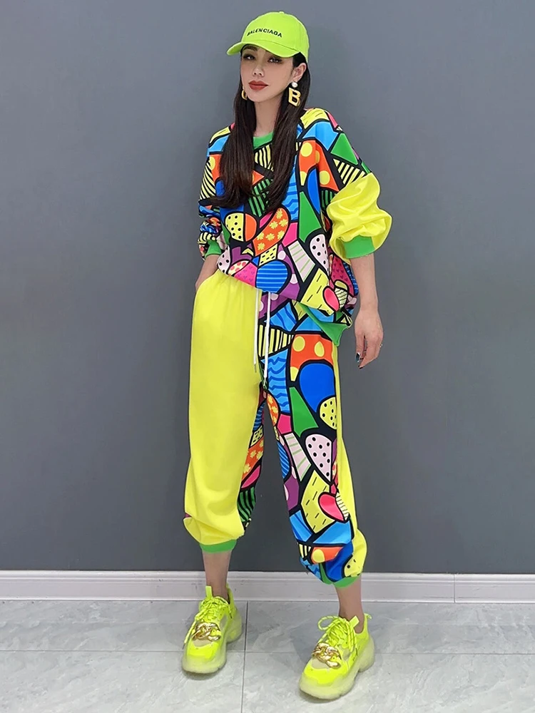 Casual Printed Patchwork O-neck Tops Loose Drawstring Pants 2 Piece Set - Image 2
