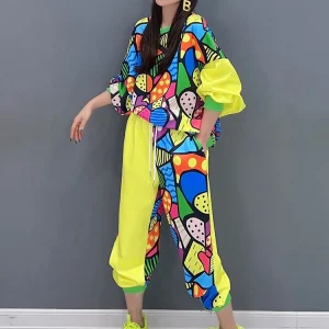 Casual Printed Patchwork O-neck Tops Loose Drawstring Pants 2 Piece Set