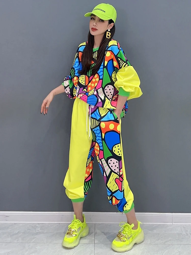 Casual Printed Patchwork O-neck Tops Loose Drawstring Pants 2 Piece Set