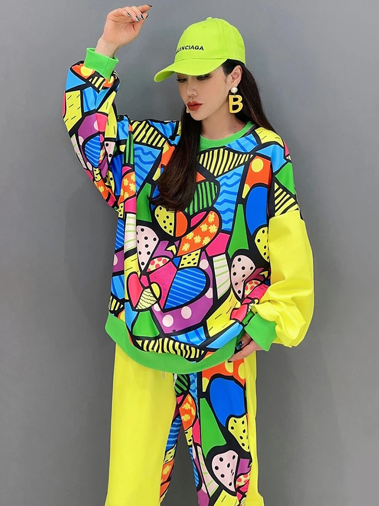 Casual Printed Patchwork O-neck Tops Loose Drawstring Pants 2 Piece Set - Image 5