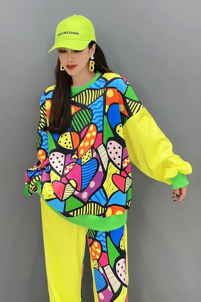 Casual Printed Patchwork O-neck Tops Loose Drawstring Pants 2 Piece Set - Image 4