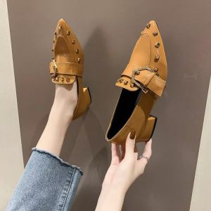 Casual Rivet Pointed Toe Thick Heels Slip on Shoes