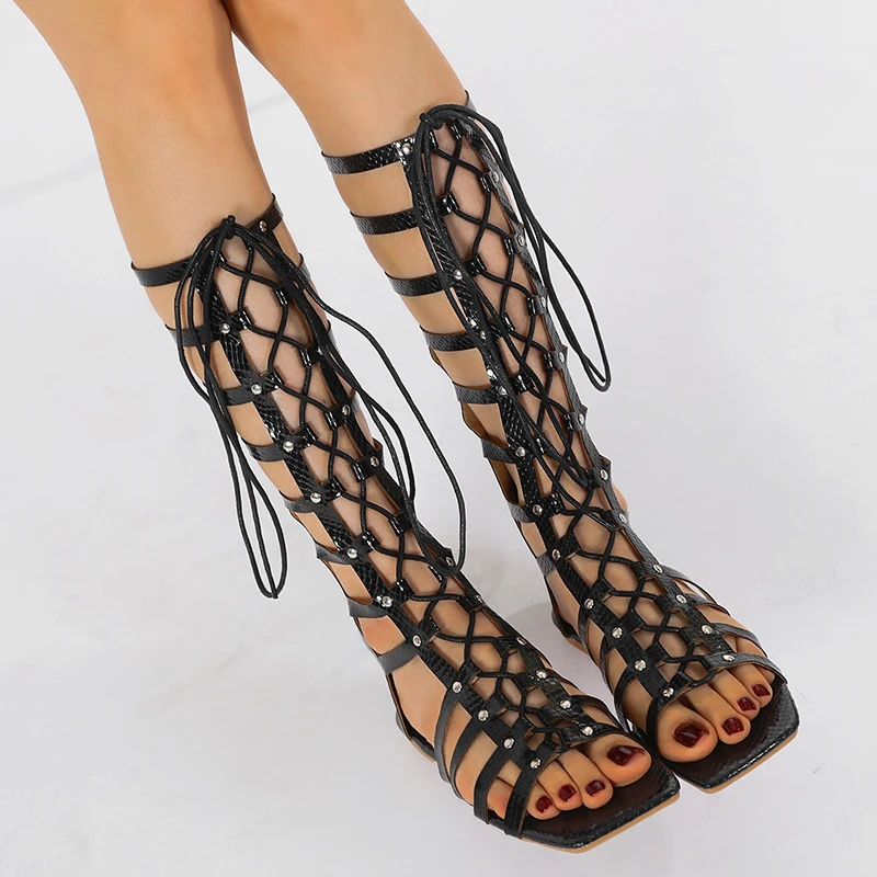 Casual Rivets Hollow Out T-tied Lace-up Gladiator Flats Heels Knee-High Sandals - Image 7