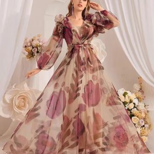 Casual Ruffled Floral Printed Lantern Sleeve Long Dress