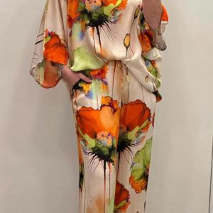 Casual Satin Round Neck Long Sleeve Floral Print Pant And Top Two Piece Set