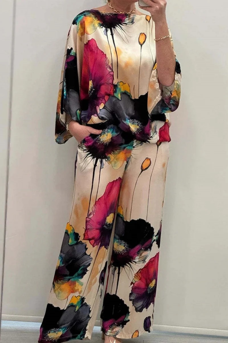 Casual Satin Round Neck Long Sleeve Floral Print Pant And Top Two Piece Set - Image 3