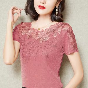 Casual Short Sleeve Lace Hollow Embroidery High Stretch Mesh Tops