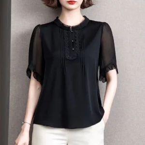 Casual Short Sleeve O-Neck Chiffon Non Stretch Blouses Tops