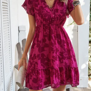 Casual Short sleeved floral elastic Bohemian print beach Dress