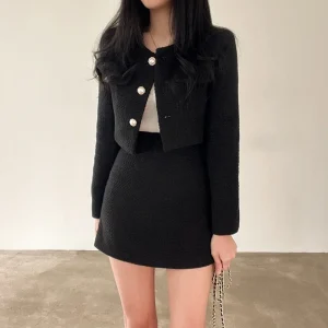Casual Single Breasted Long Sleeved Coat A-line High Waist Mini Skirt Two-Piece Set