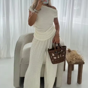 Casual Skew Collar Knitted Solid Top High Waist Full Length Pants 2 Piece Set