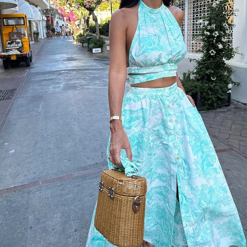 Casual Sleeveless Crop Tops And Button Slit Skirts Print 2 Piece Outfit - Image 4