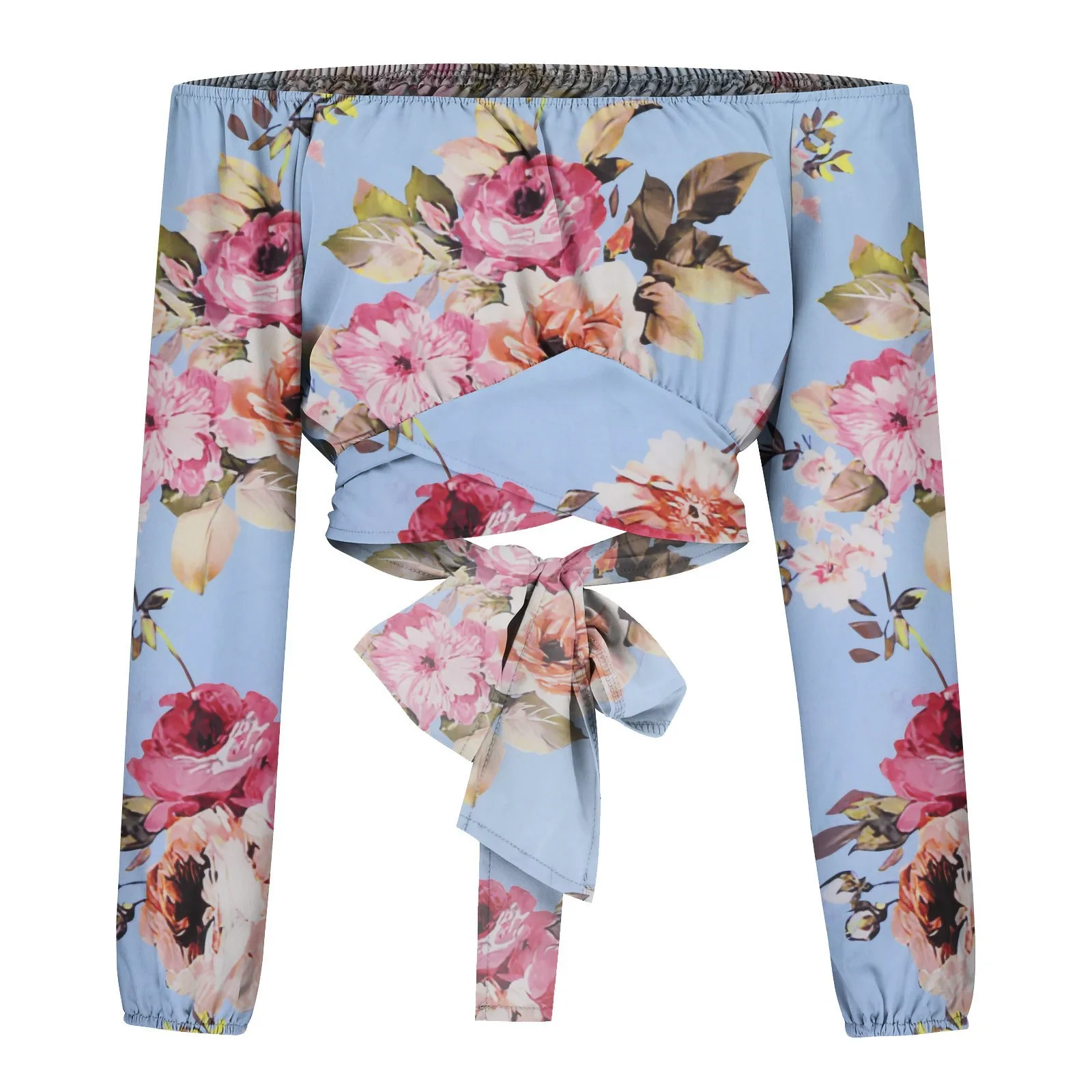 Casual Slim Off Shoulder Lantern Long Sleeve Lace Up Printed Cropped Tops - Image 2