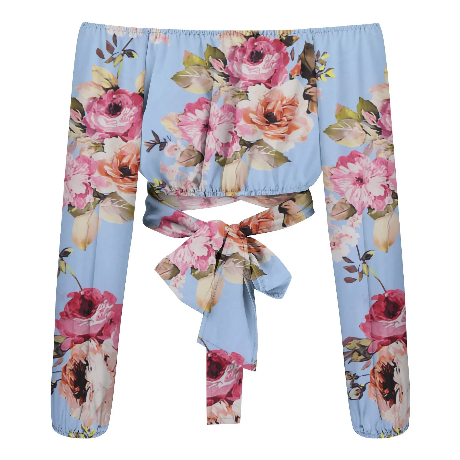 Casual Slim Off Shoulder Lantern Long Sleeve Lace Up Printed Cropped Tops - Image 3