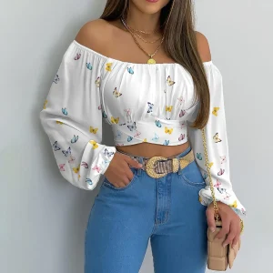 Casual Slim Off Shoulder Lantern Long Sleeve Lace Up Printed Cropped Tops