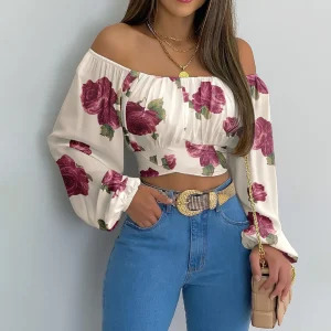 Casual Slim Off Shoulder Lantern Long Sleeve Lace Up Cropped Tops