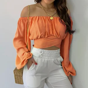Casual Slim Off Shoulder Lantern Long Sleeve Lace Up Cropped Tops