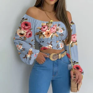 Casual Slim Off Shoulder Lantern Long Sleeve Lace Up Printed Cropped Tops