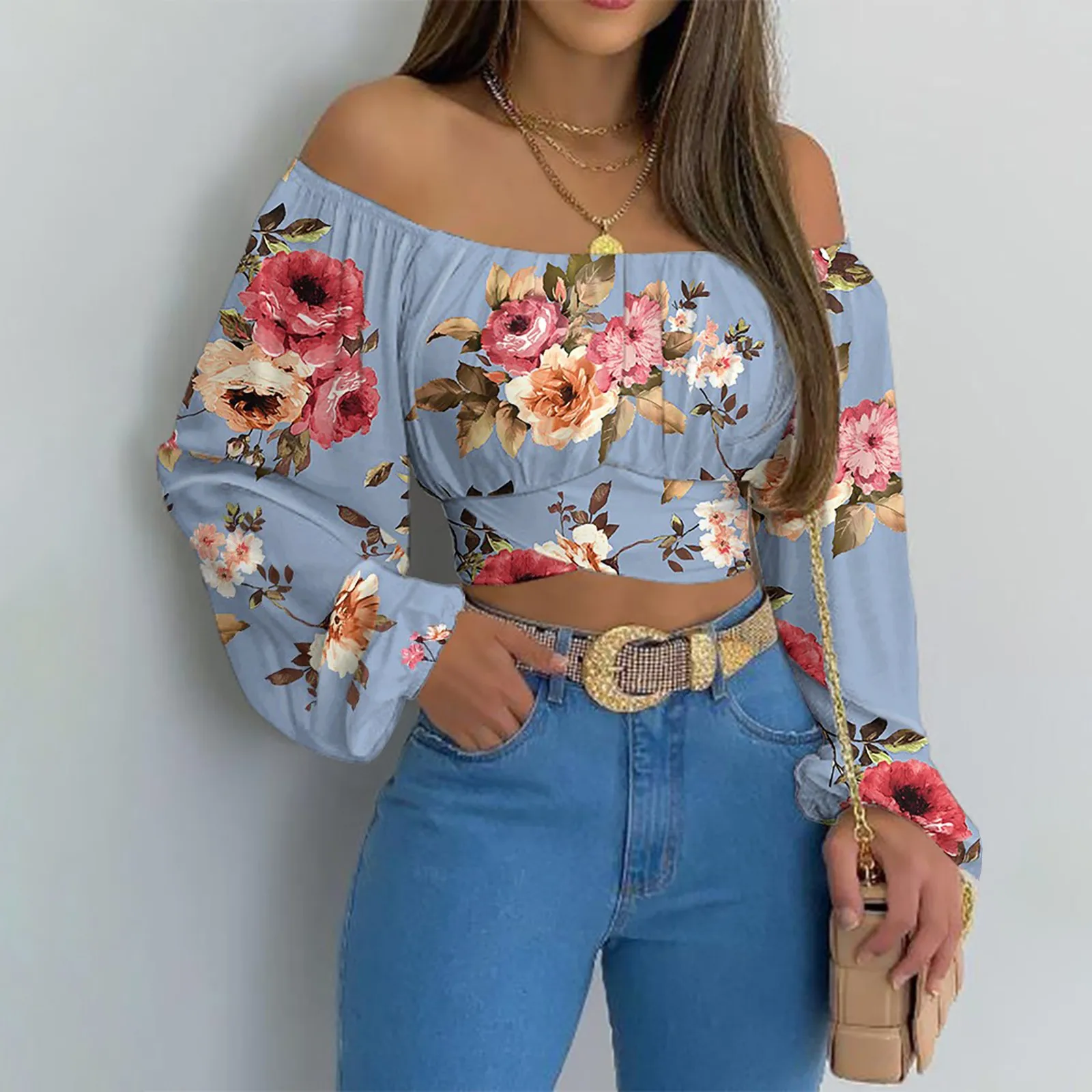Casual Slim Off Shoulder Lantern Long Sleeve Lace Up Printed Cropped Tops