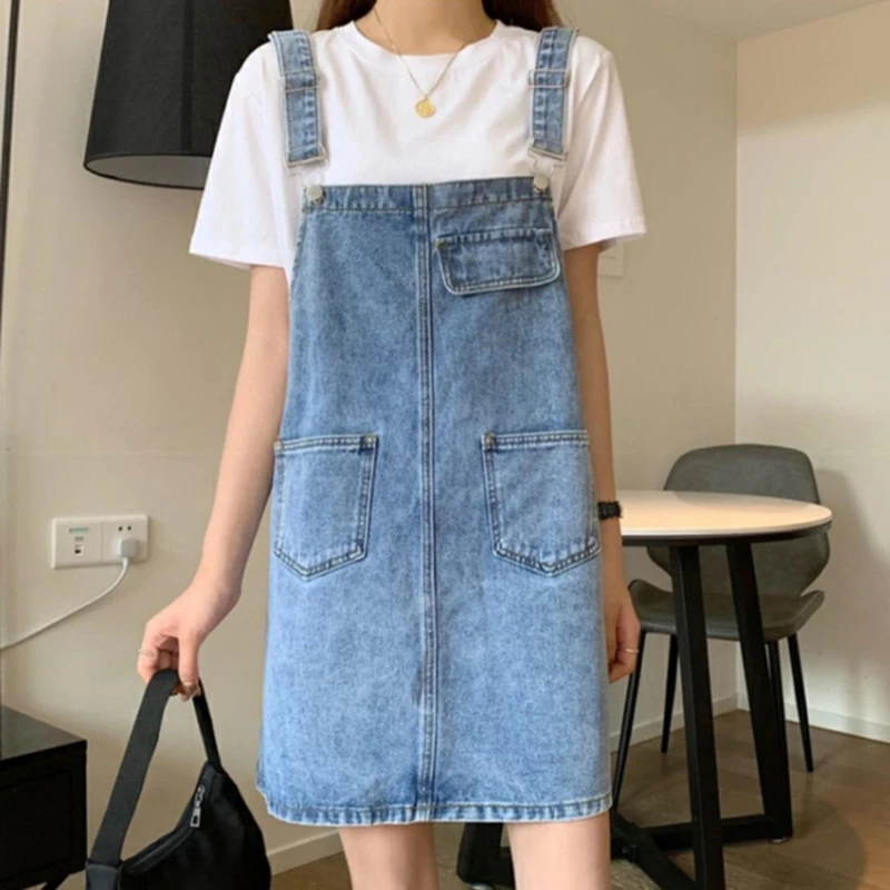 Casual Square Collar Pockets Jeans Spaghetti Strap Loose Rompers - Image 2