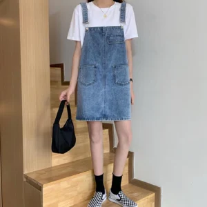 Casual Square Collar Pockets Jeans Spaghetti Strap Loose Rompers