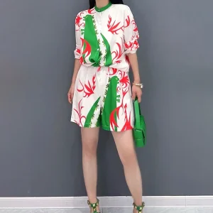 Casual Two Piece Set Printed Short Sleeved Lace Up Wide Leg Shorts Shirt