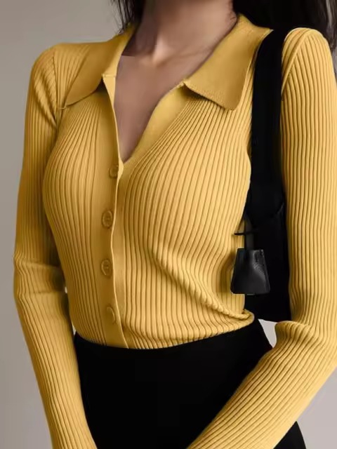 Casual V-Neck Long Sleeve Polo Neck Knit Lapel Slim Crop Tops