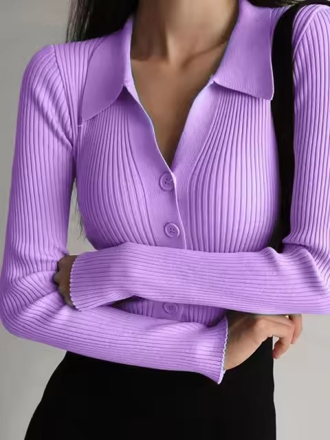 Casual V-Neck Long Sleeve Polo Neck Knit Lapel Slim Crop Tops - Image 8