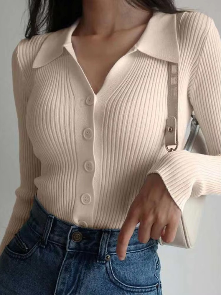 Casual V-Neck Long Sleeve Polo Neck Knit Lapel Slim Crop Tops - Image 2