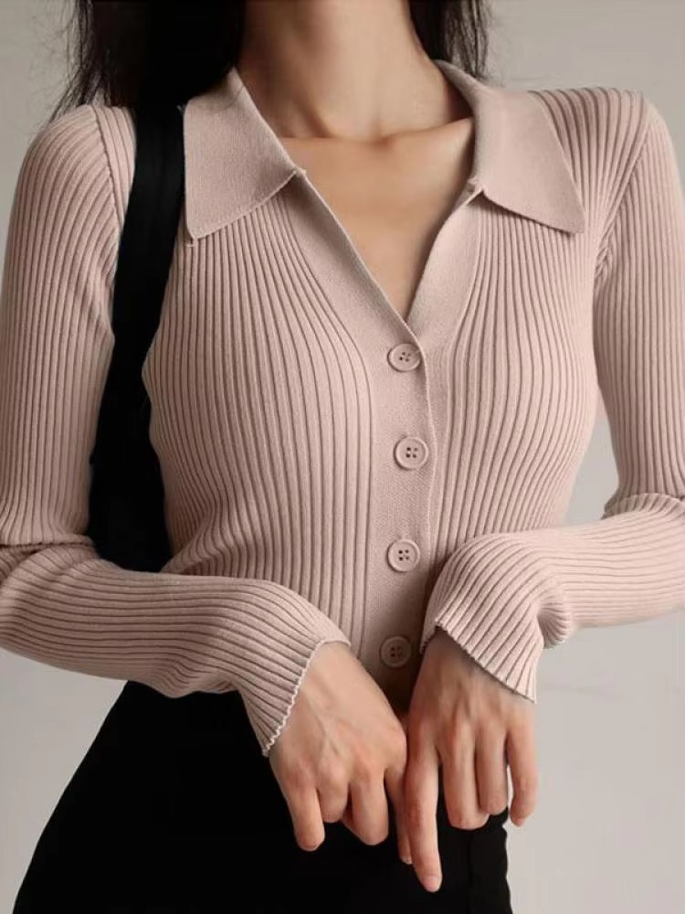Casual V-Neck Long Sleeve Polo Neck Knit Lapel Slim Crop Tops - Image 3
