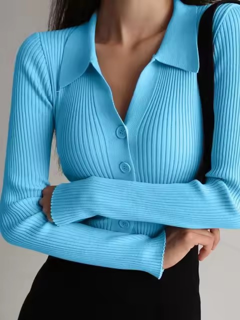 Casual V-Neck Long Sleeve Polo Neck Knit Lapel Slim Crop Tops - Image 5