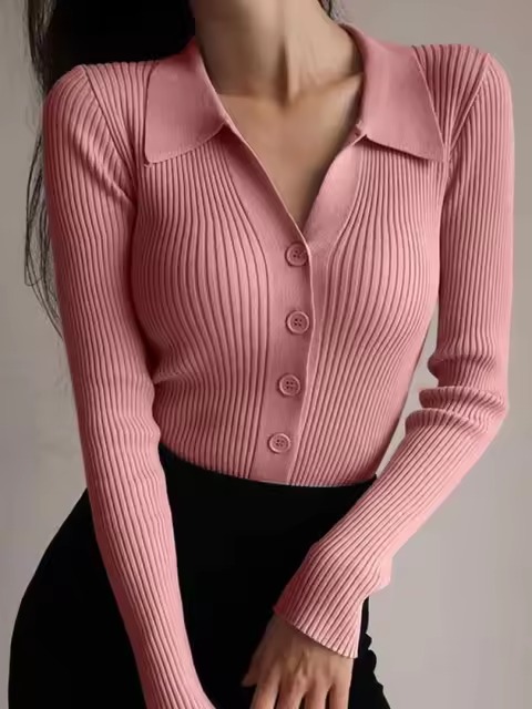 Casual V-Neck Long Sleeve Polo Neck Knit Lapel Slim Crop Tops - Image 6