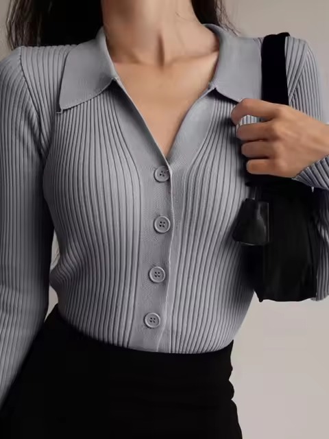 Casual V-Neck Long Sleeve Polo Neck Knit Lapel Slim Crop Tops - Image 7