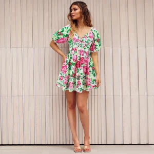 Casual V-Neck Printed Lantern Sleeve Loose Daily Short Dress