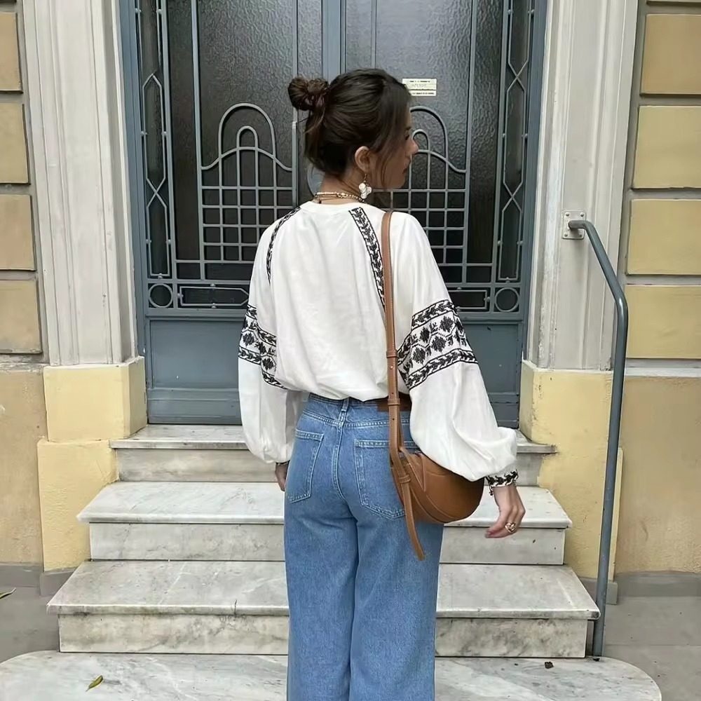 Casual Vintage Embroidery Lightweight O Neck Loose Shirts - Image 6