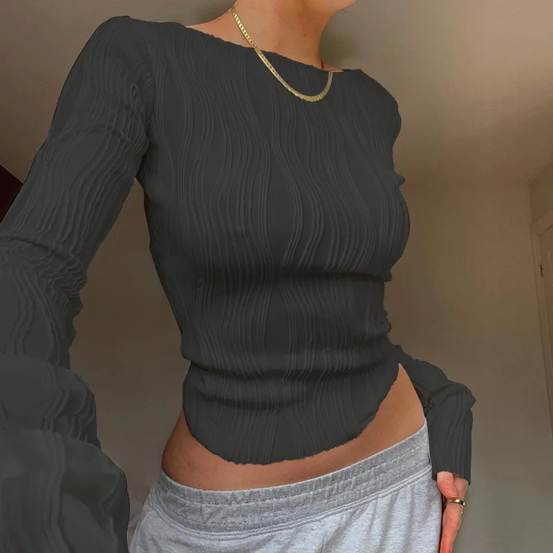 Casual knit Ruched Long Sleeve High Stretch Cropped Top - Image 7