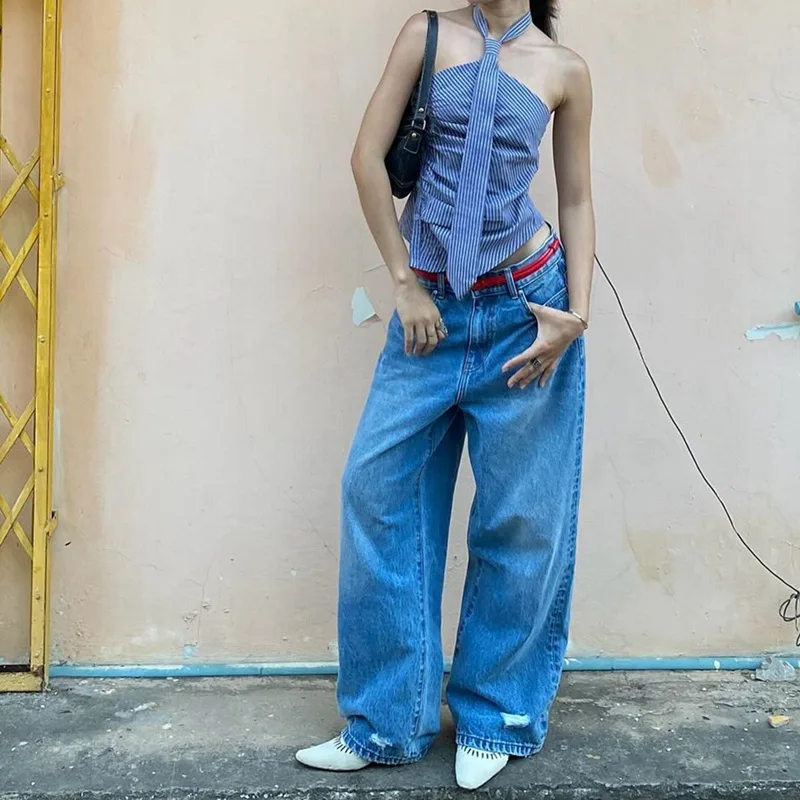 Chic Backless Button Asymmetrical Striped Halter Crop Tops - Image 14