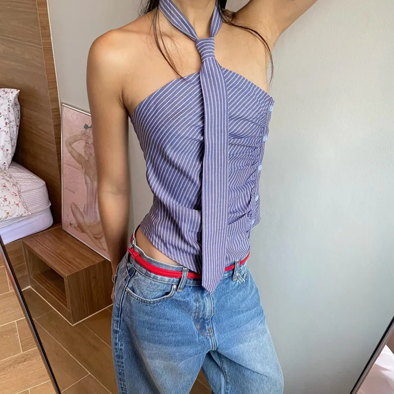 Chic Backless Button Asymmetrical Striped Halter Crop Tops - Image 12