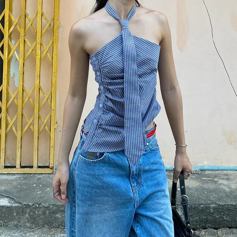 Chic Backless Button Asymmetrical Striped Halter Crop Tops - Image 13