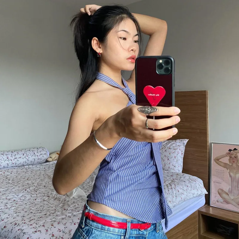 Chic Backless Button Asymmetrical Striped Halter Crop Tops - Image 10